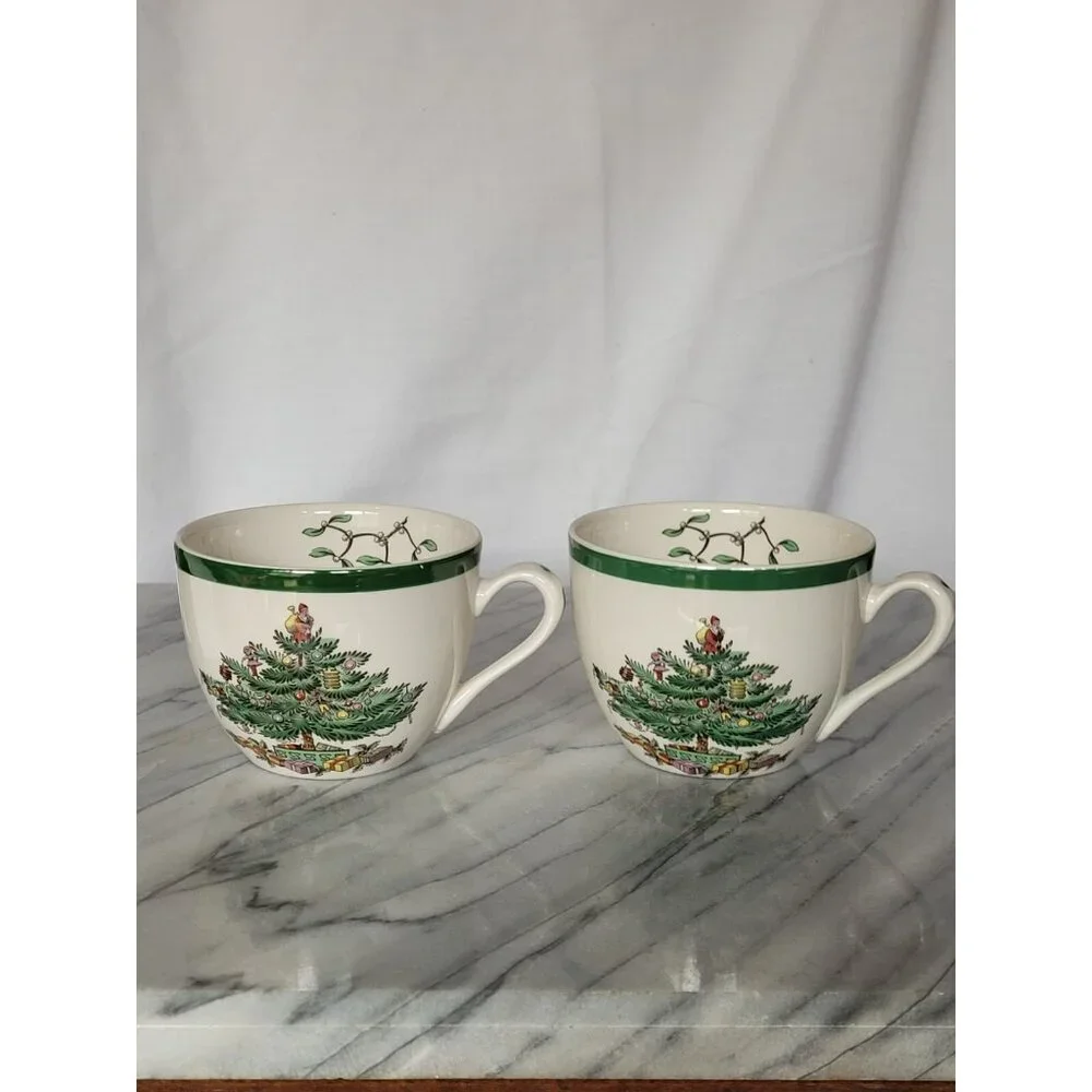 SPODE Christmas‎ Tree Santa Coffee Tea Cups 6oz Set of 2 England VTG